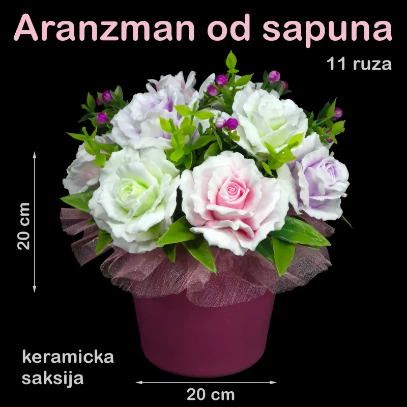 11 nežnih, čipkastih ruža u elegantnoj keramičkoj saksiji