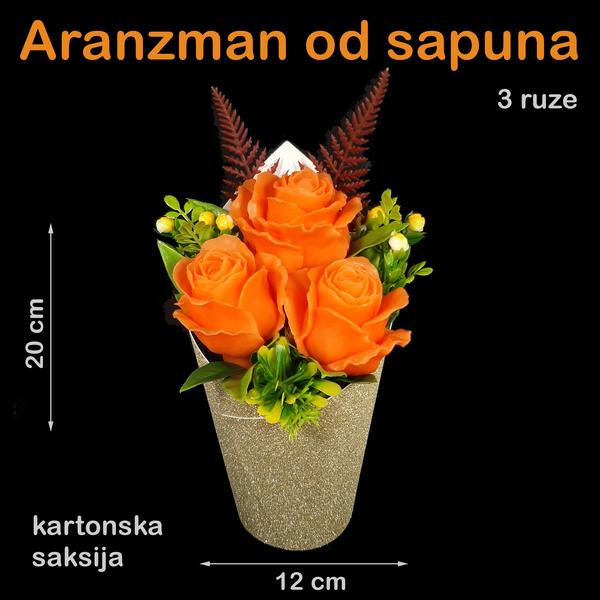 3 narandžaste ruže u zlatnoj kartonskoj saksiji