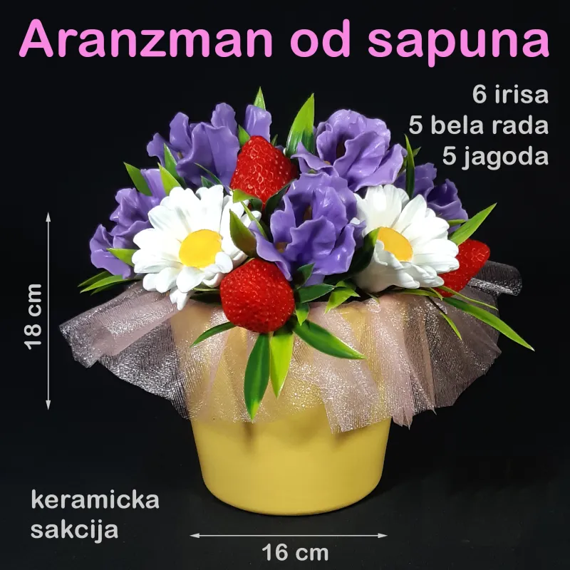 Irisi, rade i jagode od sapuna u keramičkoj saksiji