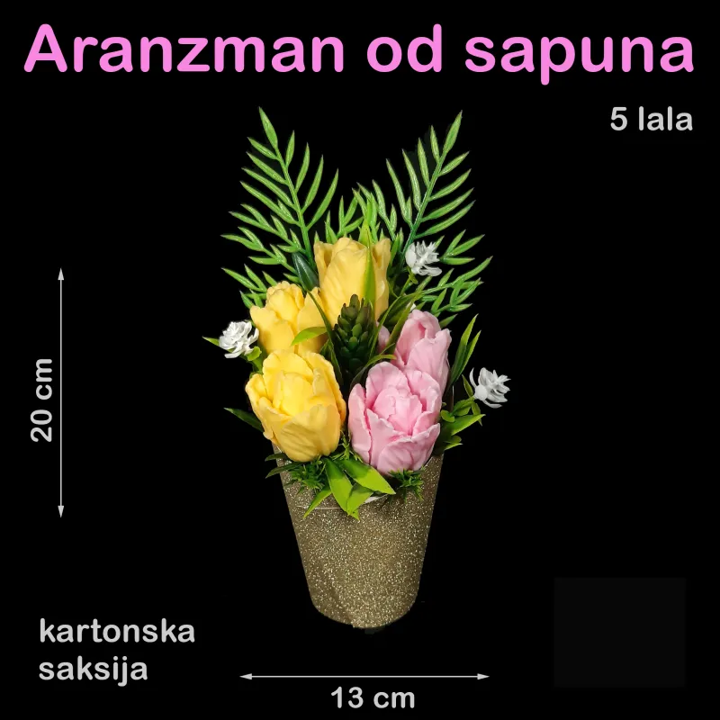 Pet roze i žutih lala u kartonskoj saksiji