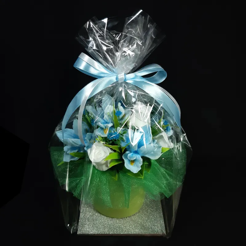 Plavi risi i bele ruže u keramičkoj saksiji