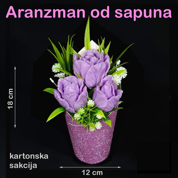 Tri ljubičaste lale u kartonskoj saksiji