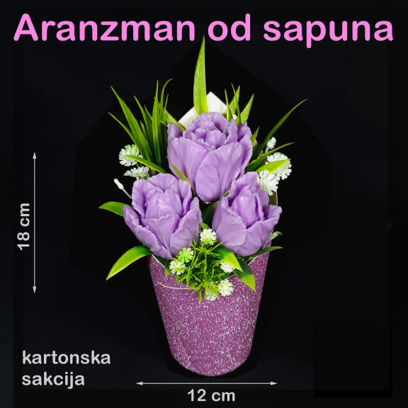 3 ljubičaste lale u kartonskoj saksiji
